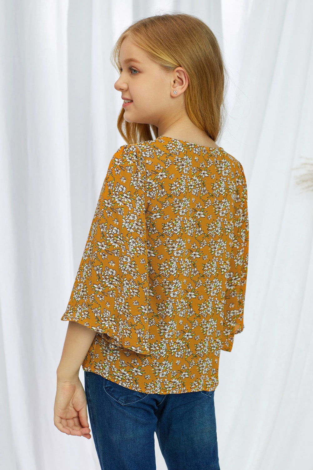 Girls Printed V-Neck Bell Sleeve Blouse