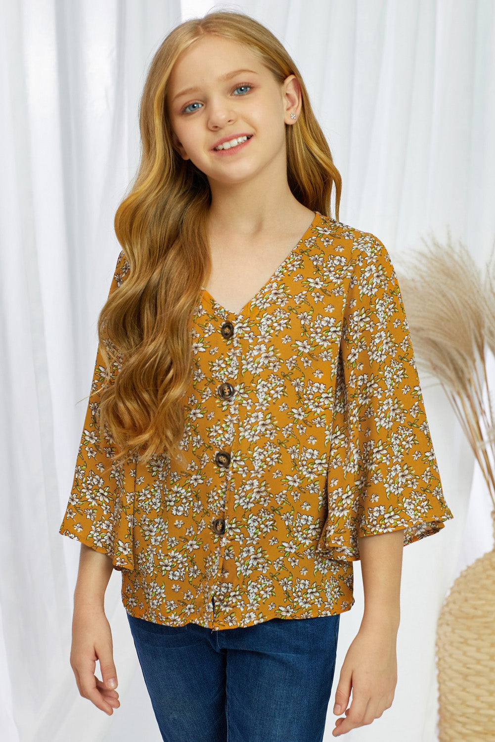 Girls Printed V-Neck Bell Sleeve Blouse