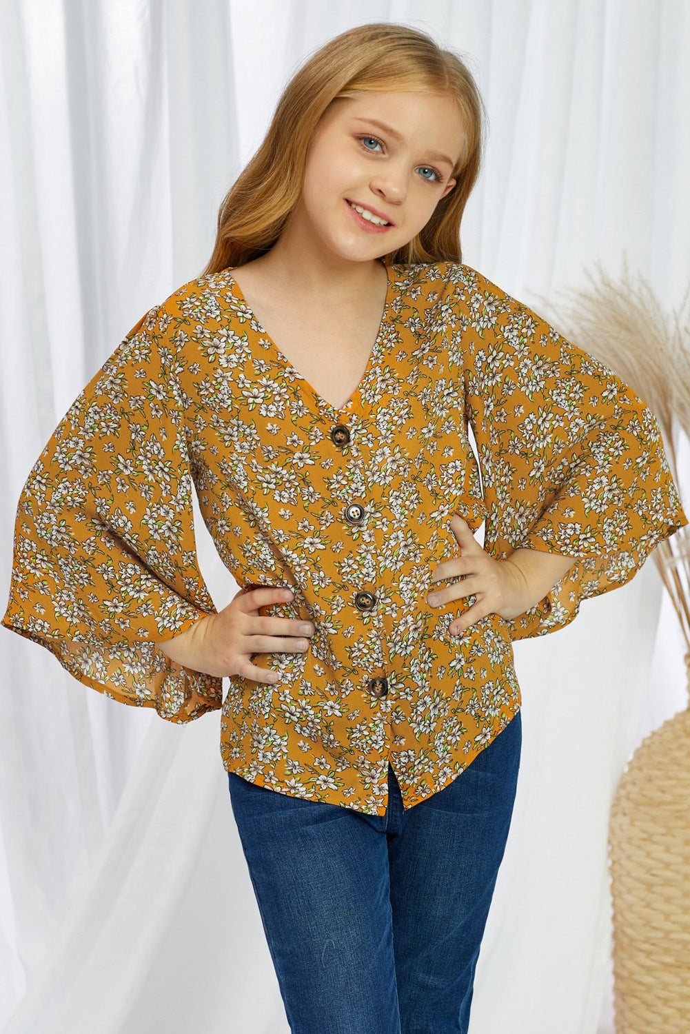 Girls Printed V-Neck Bell Sleeve Blouse